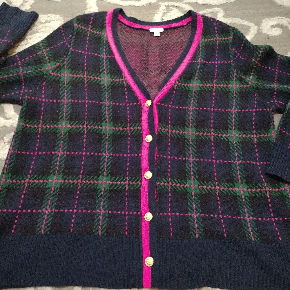 Crown Ivy Long Sleeve Pink and Navy Blue Plaid Button Front Cardigan - Picture 3 of 6